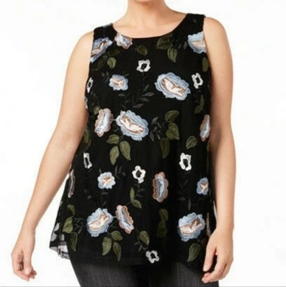 Sleeveless Black Floral Embroidered Tank Top